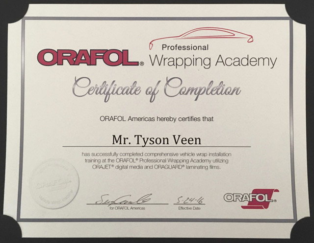 My Orafol Wrap Acadamy Certificate